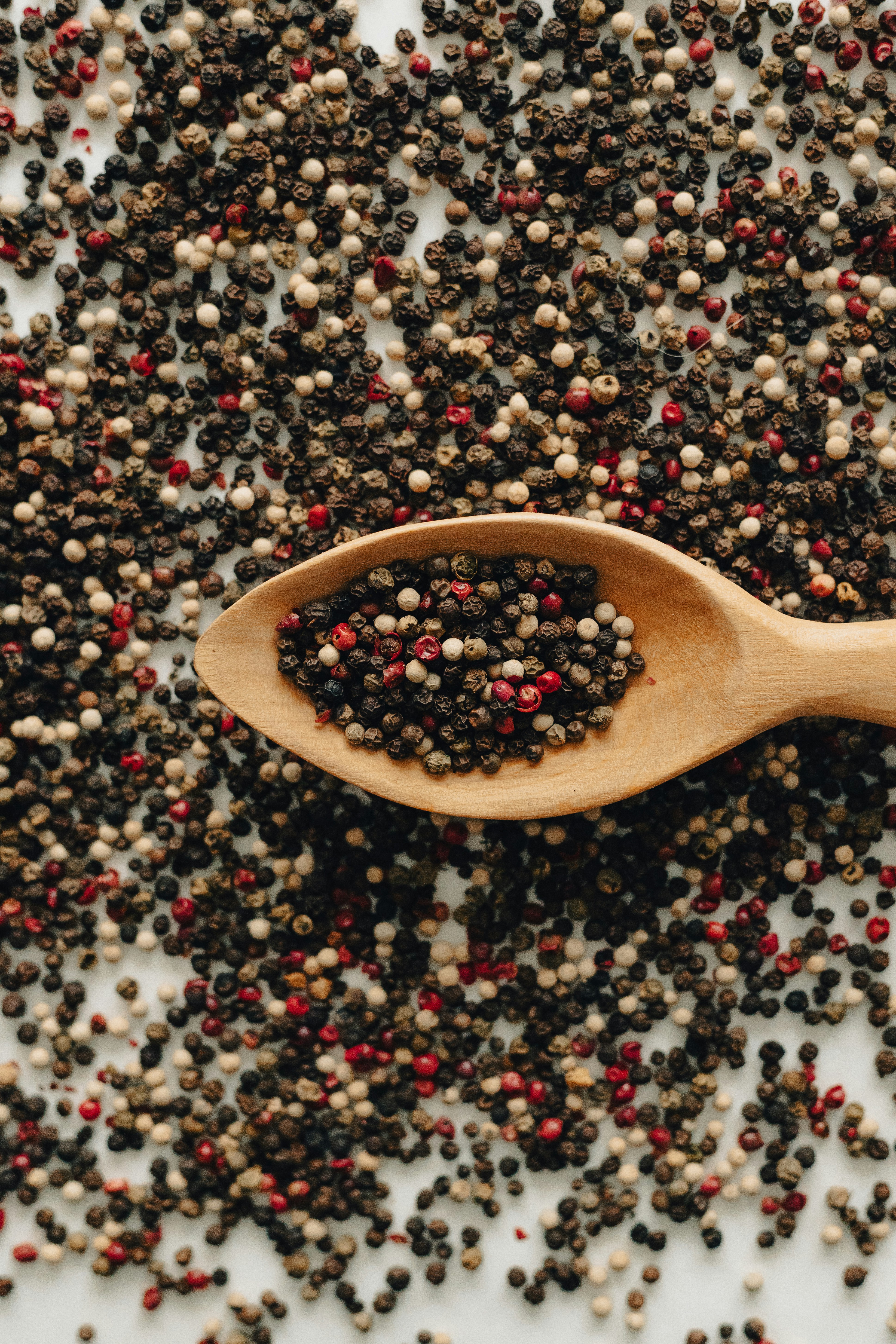 A spoonful of mixed peppercorns and dried spices